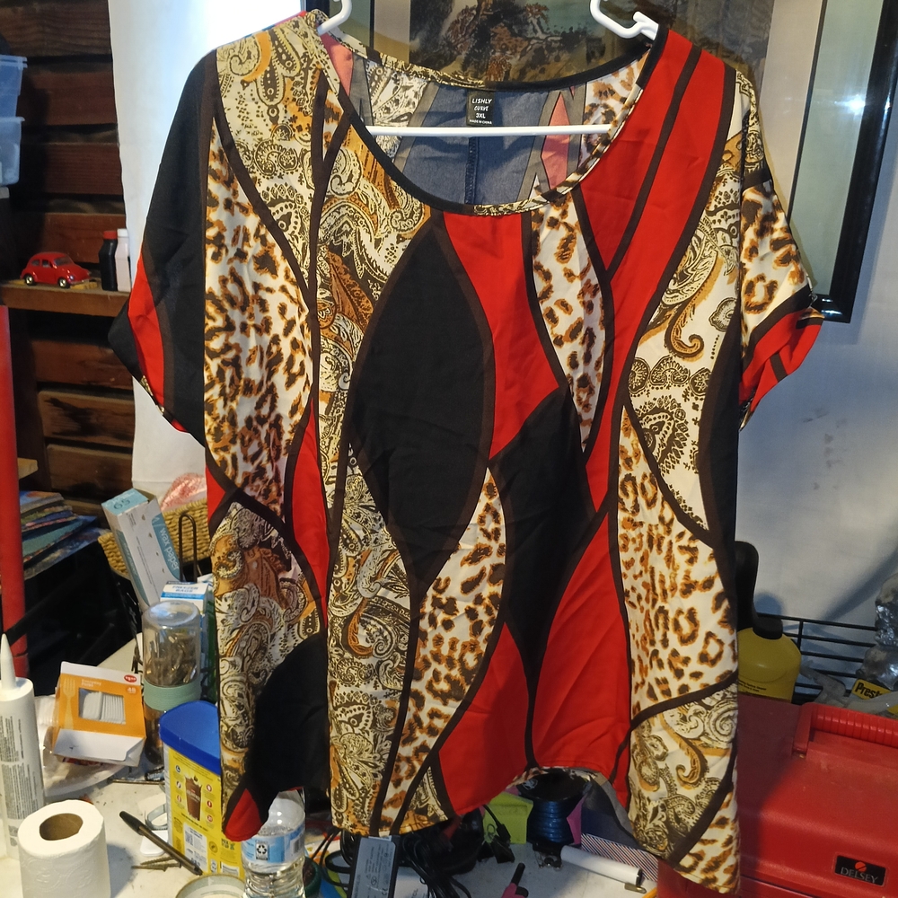 Cato Red and Black Boxy Blouse with Gold Accents